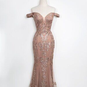 New Sheath Off Shoulder Elegant Gown w/ Glitter Embroidery & Zipper Back CD T613